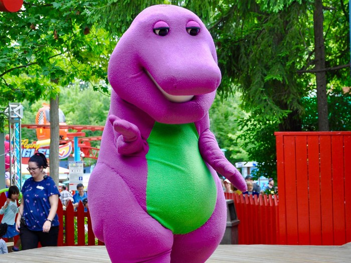 Cries for attention from barney the dinosaur