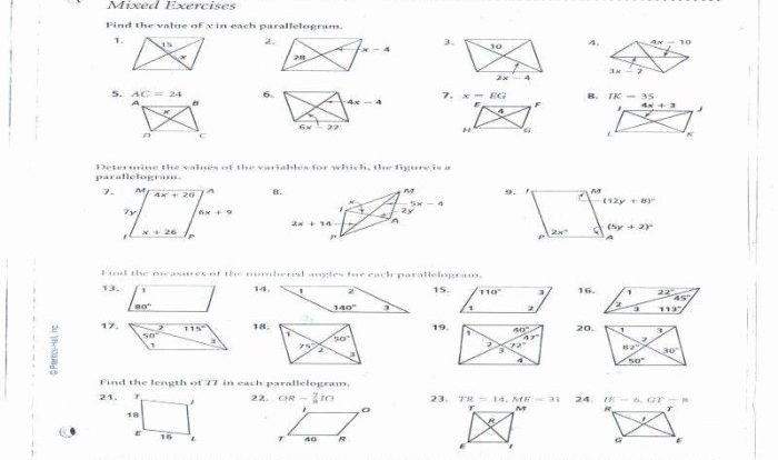 Properties of parallelograms worksheet with answers